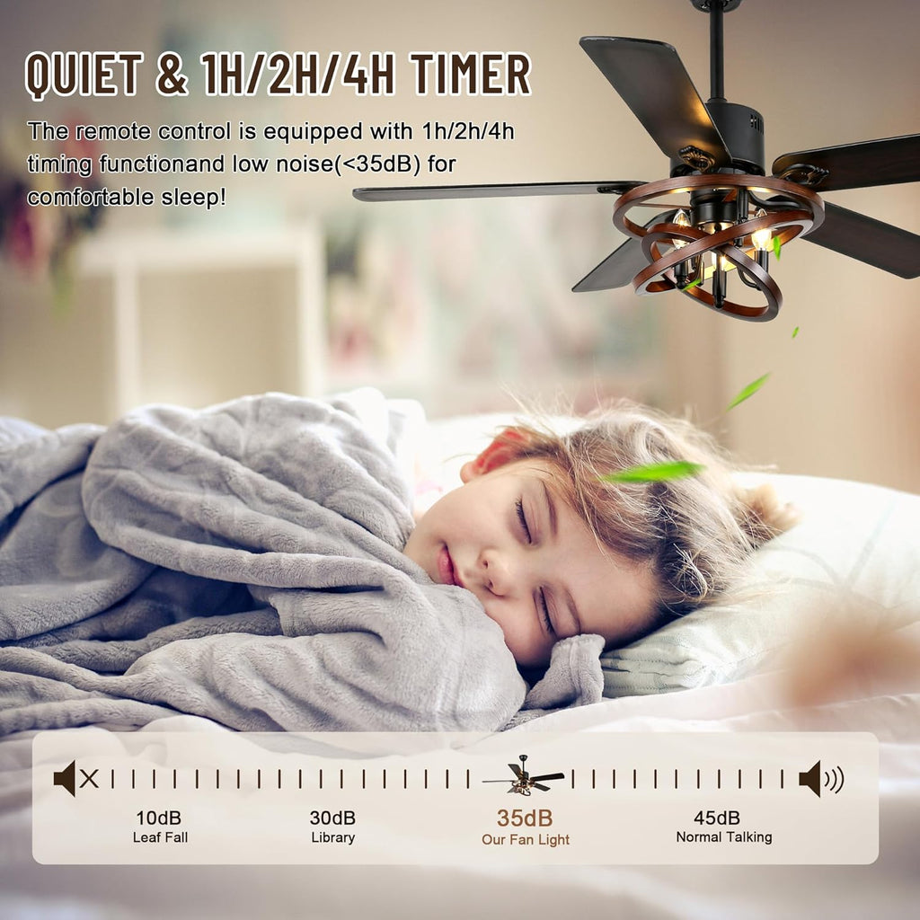 52' Ceiling Fan with Lights and Remote,Industrial Farmhouse Ceiling Fan with Adjustable Wood Grain Iron Cage,5 Reversible Dual-Color Blades,DC Quiet Motor,6 Speeds,Timer for Bedroom Living Room