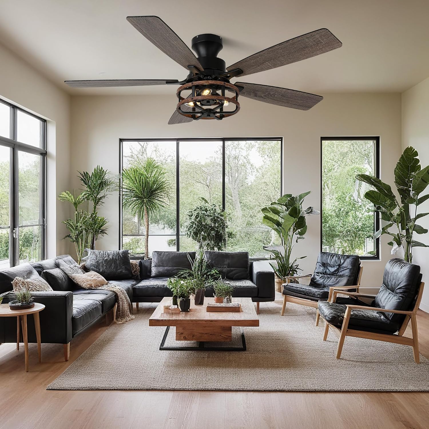 52' Farmhouse Ceiling Fans with Lights and Remote,Chandelier Ceiling Fan with 5 Double Colour Blades Reversible DC Motor,Rustic Caged Ceiling Fan for Living Room,Dining Room,Bedroom