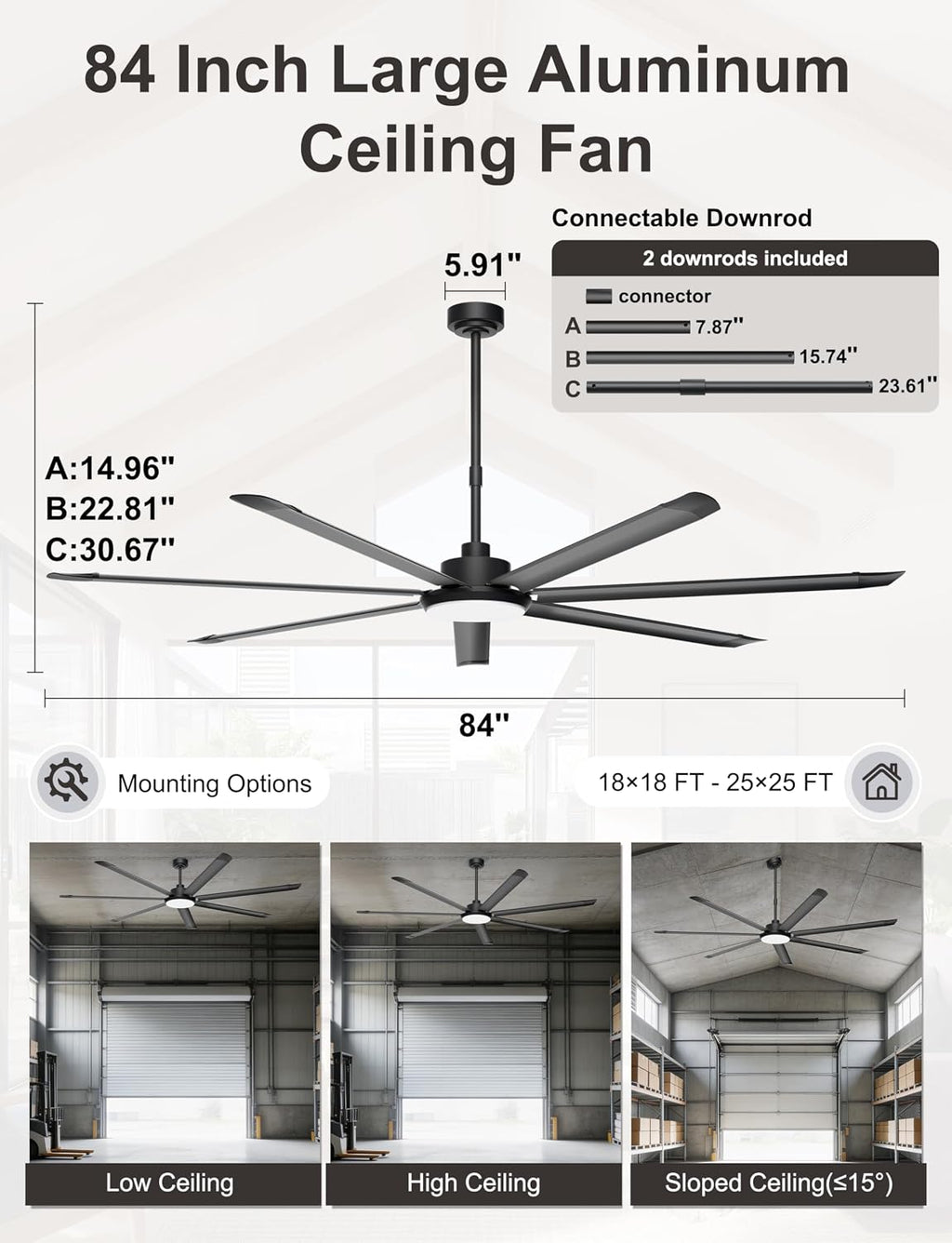 Ohniyou 84'' Large Ceiling Fan with Lights, High CFM Industrial Ceiling Fan Remote/APP Control, 7 Aluminum Blades, 3CCT, for Warehouse, Shop, Gym, Black