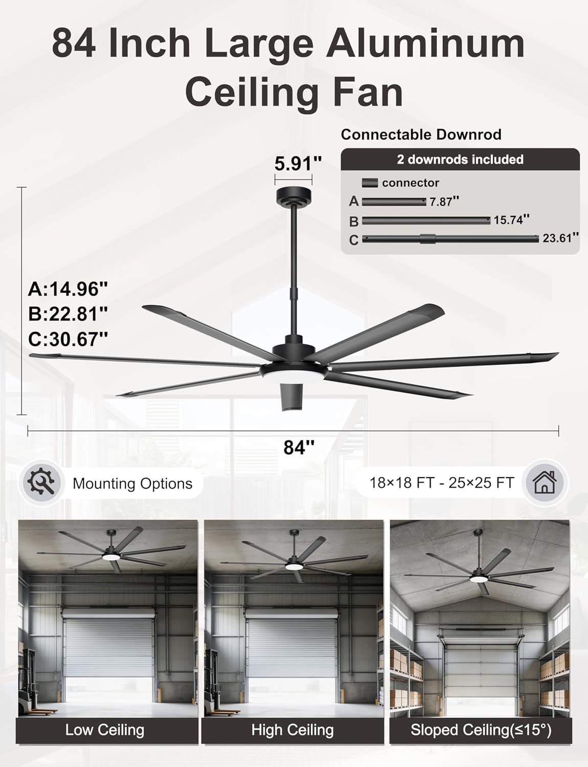 Ohniyou 84'' Large Ceiling Fan with Lights, High CFM Industrial Ceiling Fan Remote/APP Control, 7 Aluminum Blades, 3CCT, for Warehouse, Shop, Gym, Black
