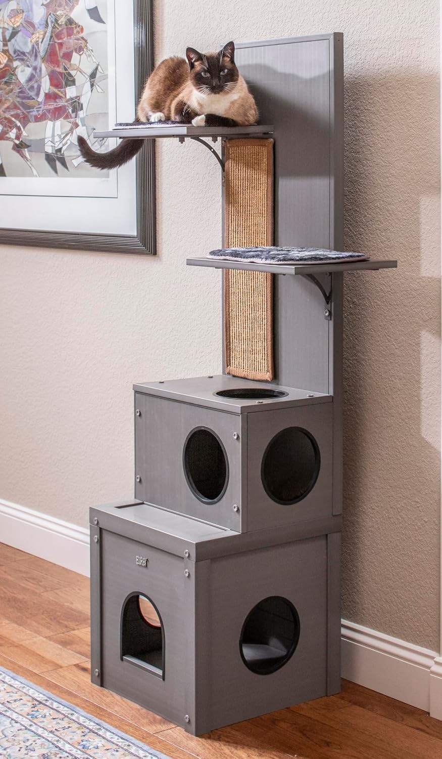 New Age Pet ECOFLEX Kitty Climber Cat Tree with 2 Cubes, 2 Shelves, Sisal Scratch Pad, 60' Tall, Moisture and Odor Resistant Indoor Cat Furniture, Grey