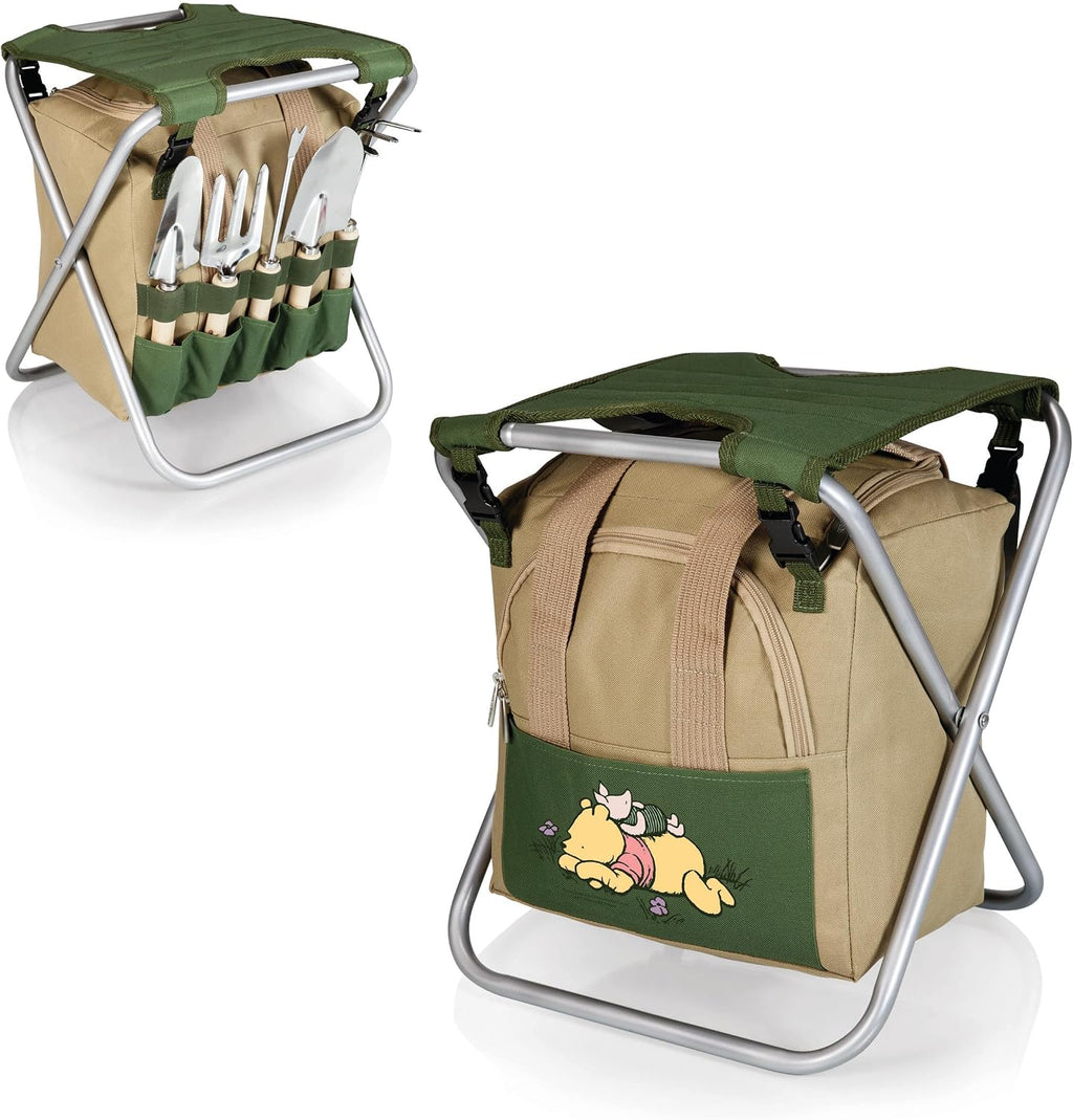 PICNIC TIME Disney Winnie The Pooh Gardener Folding Seat with Tools, Folding Garden Stool with Detachable Tote and Hand Tool Set Organizer, Portable Gardening Chair, (Olive Green with Beige Accents)