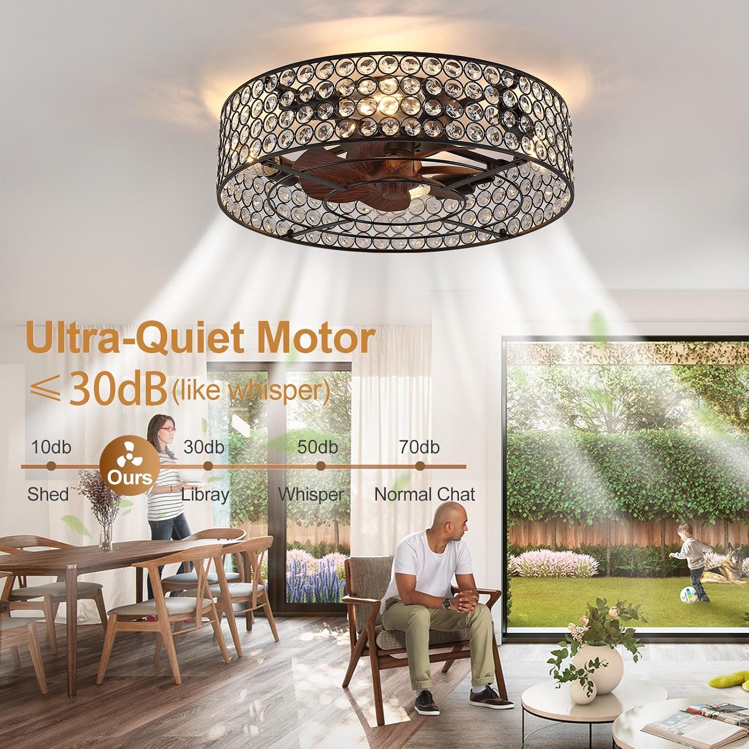 Modern Chandelier Crystal Ceiling Fans with Lights and Remote, 20-Inch Low Profile Bladeless Flush Mount Caged Ceiling Fan for Bedroom, Kitchen,Living Room,Small Ceiling Fan with Light with 6 Speed