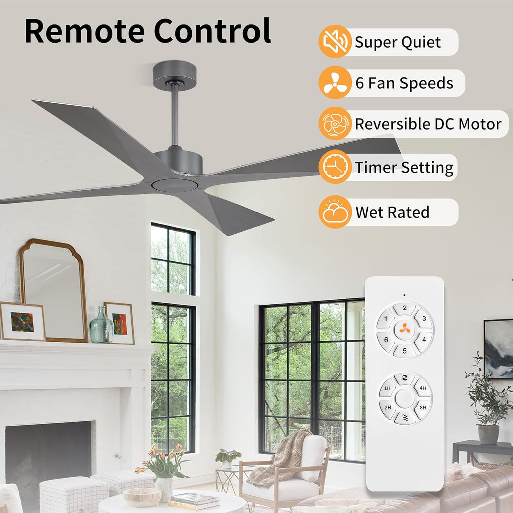 WINGBO 54' Wet Rated Outdoor Ceiling Fan without Lights, 4 ABS Plastic Blades, 6-Speed Reversible Quiet DC Motor, Waterproof Ceiling Fan No Lights for Patio Porch Gazebo Garage, Brushed Graphite