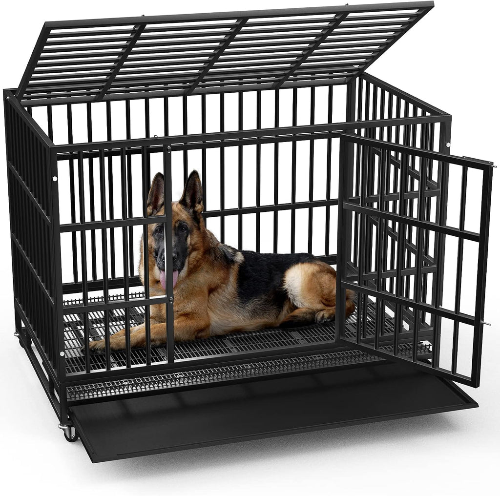 LEMBERI 38 Inch Heavy Duty Indestructible Dog Crate, High Capacity Escape Proof Double Door Kennel with Lockable Wheels, Small Metal Dog Cage with Reinforced Steel Tubes, Removable Tray, Black