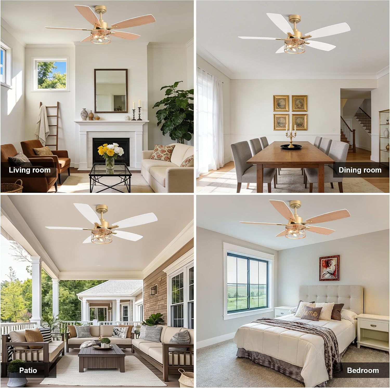 52 Inch White and Gold Ceiling Fan with Lights Modern Fandelier Ceiling Fan Industrial Caged Fandelier Farmhouse Rustic Chandelier Light for Living Room Indoor Outdoor, Reversible 6 Speeds