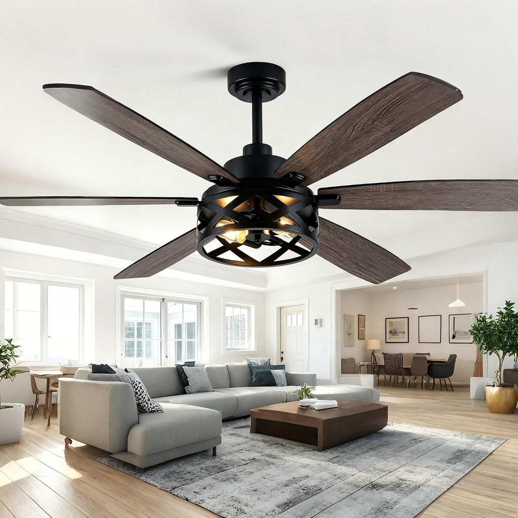 60' Farmhouse Ceiling Fan with Lights and Remote, Large Rustic Ceiling Fan Industrial Caged Fandelier Chandelier Light, Quiet DC Motor 6 Speed 6 Reversible Blades for Living Room Bedroom