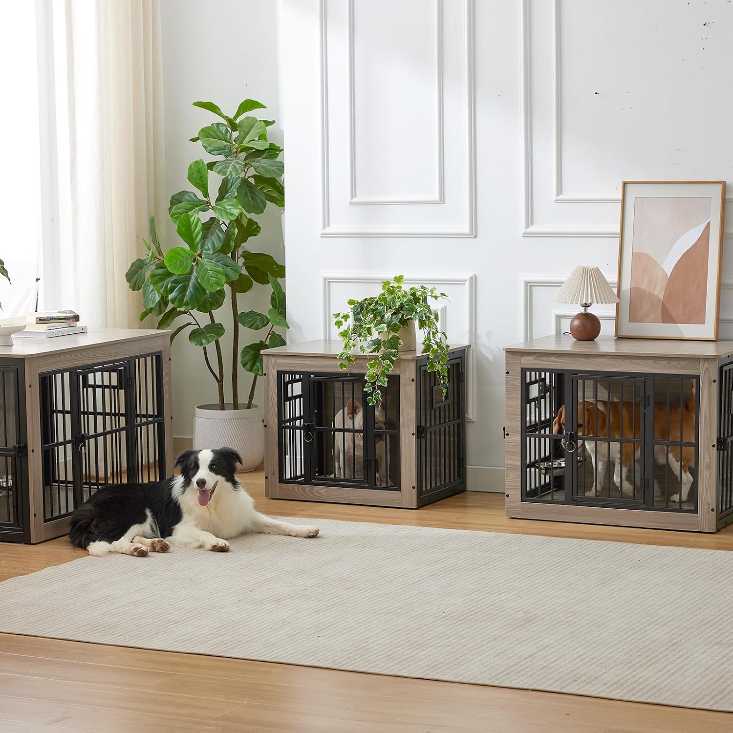 32 Inch Heavy Duty Dog Crate Furniture for Medium/Small Dogs, Decorative Pet House End Table with 3 Doors & Adjustable Bowls, Wooden Cage Kennel Furniture Indoor, Rustic Grey