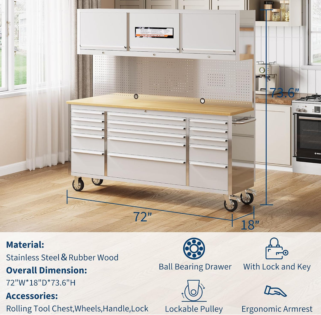 72-inch Rolling Tool Chest, 15 Drawers Garage Workbench Storage Tool Cabinet with Lock Key, Heavy Duty Rolling Cabinet with Solid Rubber Wood Top, Load Mobile Workstation for Warehouse, Repair Shop
