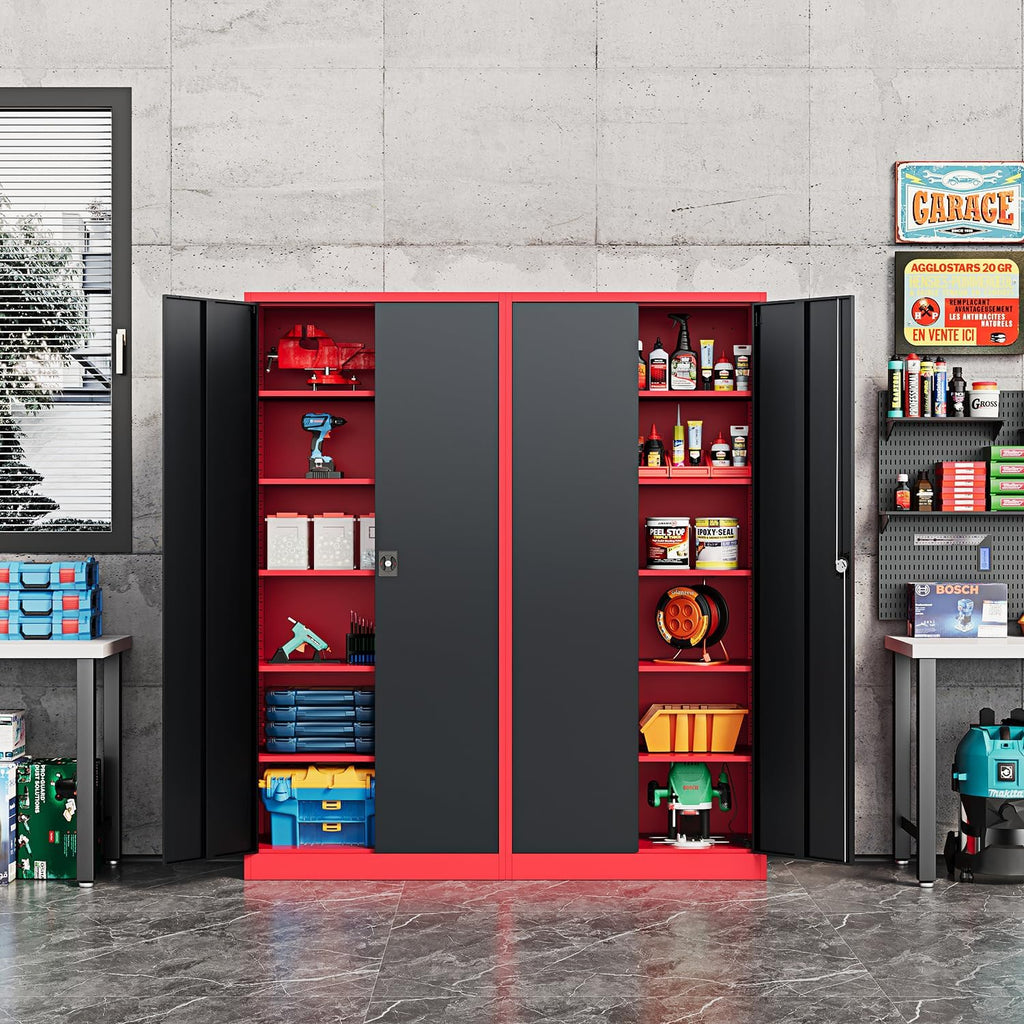 Fesbos Metal Storage Cabinet-71' Tall Steel File Cabinets with Lockable Doors and Adjustable Shelves-Black&Red Steel Storage Cabinet for Home,Kitchen, School, Office, Garage