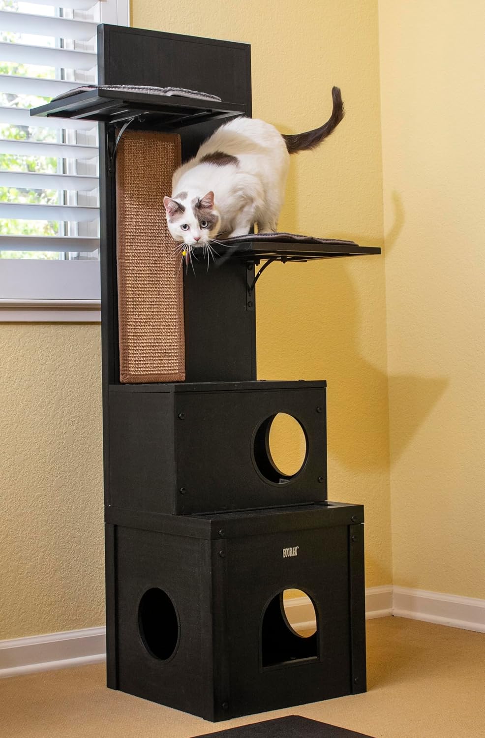 New Age Pet ECOFLEX Kitty Climber Cat Tree with 2 Cubes, 2 Shelves, Sisal Scratch Pad, 60' Tall, Moisture and Odor Resistant Indoor Cat Furniture, Espresso Black
