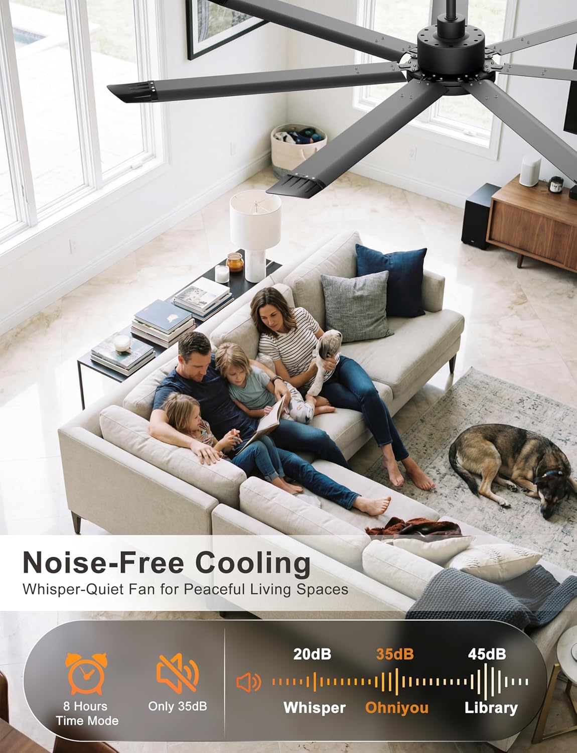 Ohniyou 72'' Large Ceiling Fan with Lights, High CFM Industrial Ceiling Fan with Remote/APP, 7 Aluminum Blades, Dimmable, for Outdoor Patio, Shop, Garage, Black