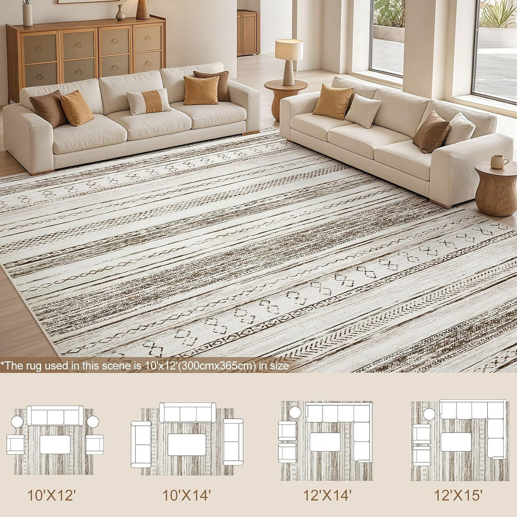 Tortania Area Rug Living Room Rugs - 10x14 Washable Large Soft Neutral Boho Moroccan Bohemian Farmhouse Rug Indoor Floor Carpet for Bedroom Under Dining Table Home Office Decor - Cream Brown