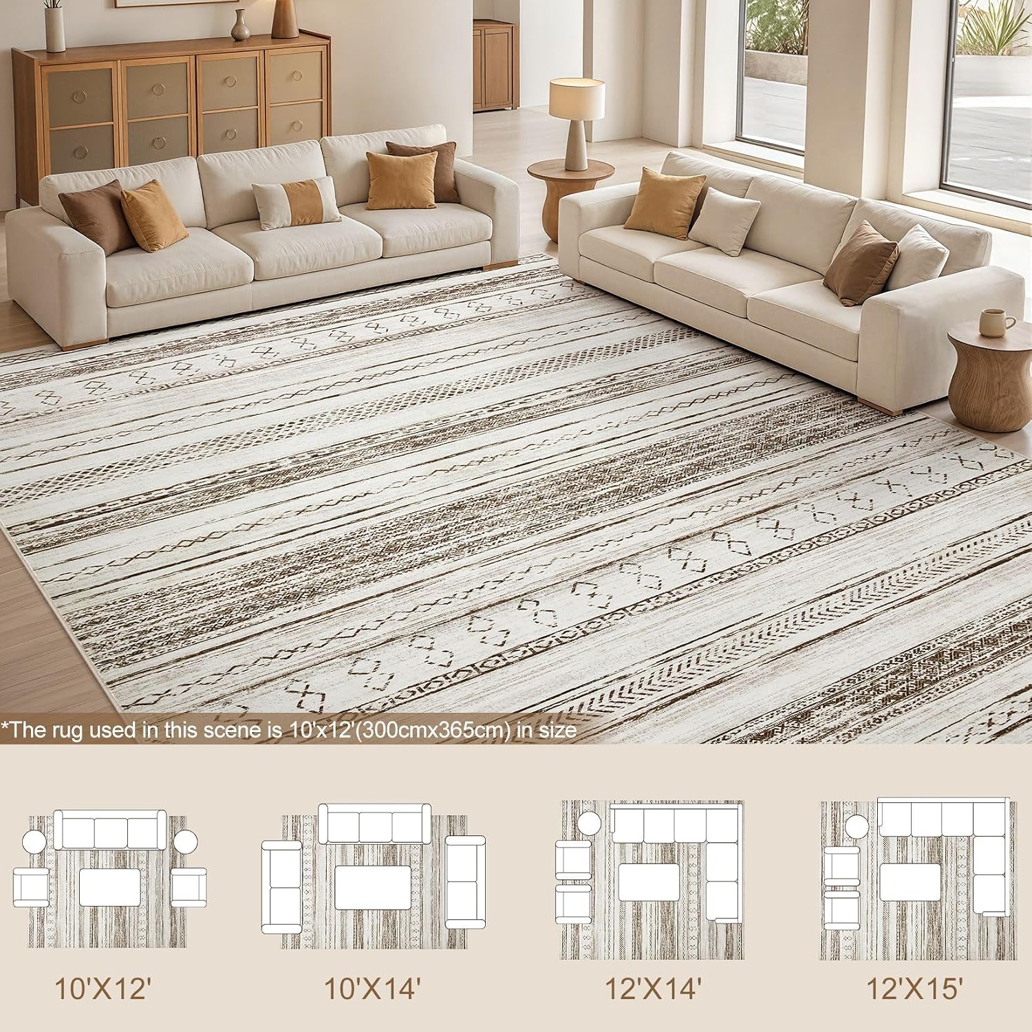 Tortania Area Rug Living Room Rugs - 10x14 Washable Large Soft Neutral Boho Moroccan Bohemian Farmhouse Rug Indoor Floor Carpet for Bedroom Under Dining Table Home Office Decor - Cream Brown