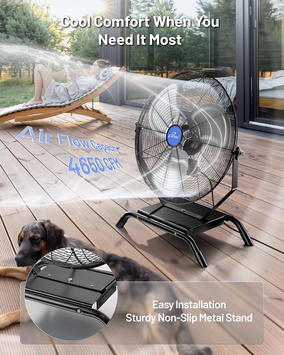 iLiving 20' Wall Mounted/Floor Stand Variable Speed Indoor/Outdoor Fan, Industrial grade for Patio, Greenhouse, Garage, Workshop, and Loading Dock, 4650 CFM, Black