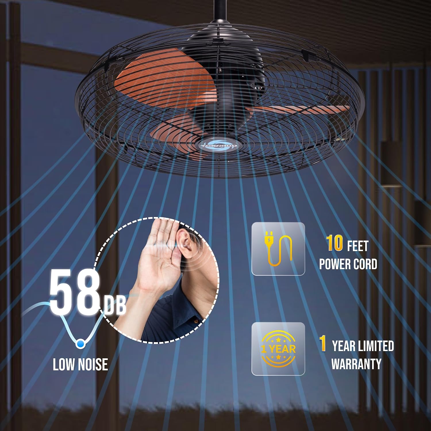 Tornado 20-Inch Outdoor Downrod Mount Ceiling Fan, IPX4 Water-Resistant with Remote Control, 3-Speed Settings, 3300 CFM Airflow, 10-Foot Cord, UL Listed