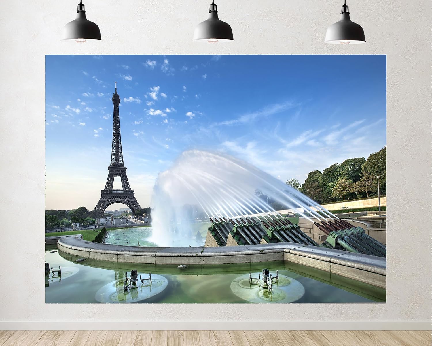 Trykid 20x10ft Eiffel Tower Fountain Backdrop Clear Blue Sky Water Jets Cityscape Photography Background Travel Event Tapestry Party Decoration Photo Studio Prop Fabric
