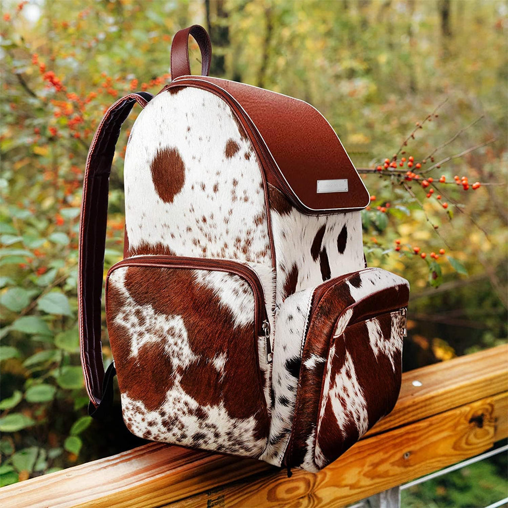 Cowhide Print Hair Diaper Bag Leather Backpack Rucksack/Knapsack Shoulder Travel Bag Brown & White (With Custom Name)