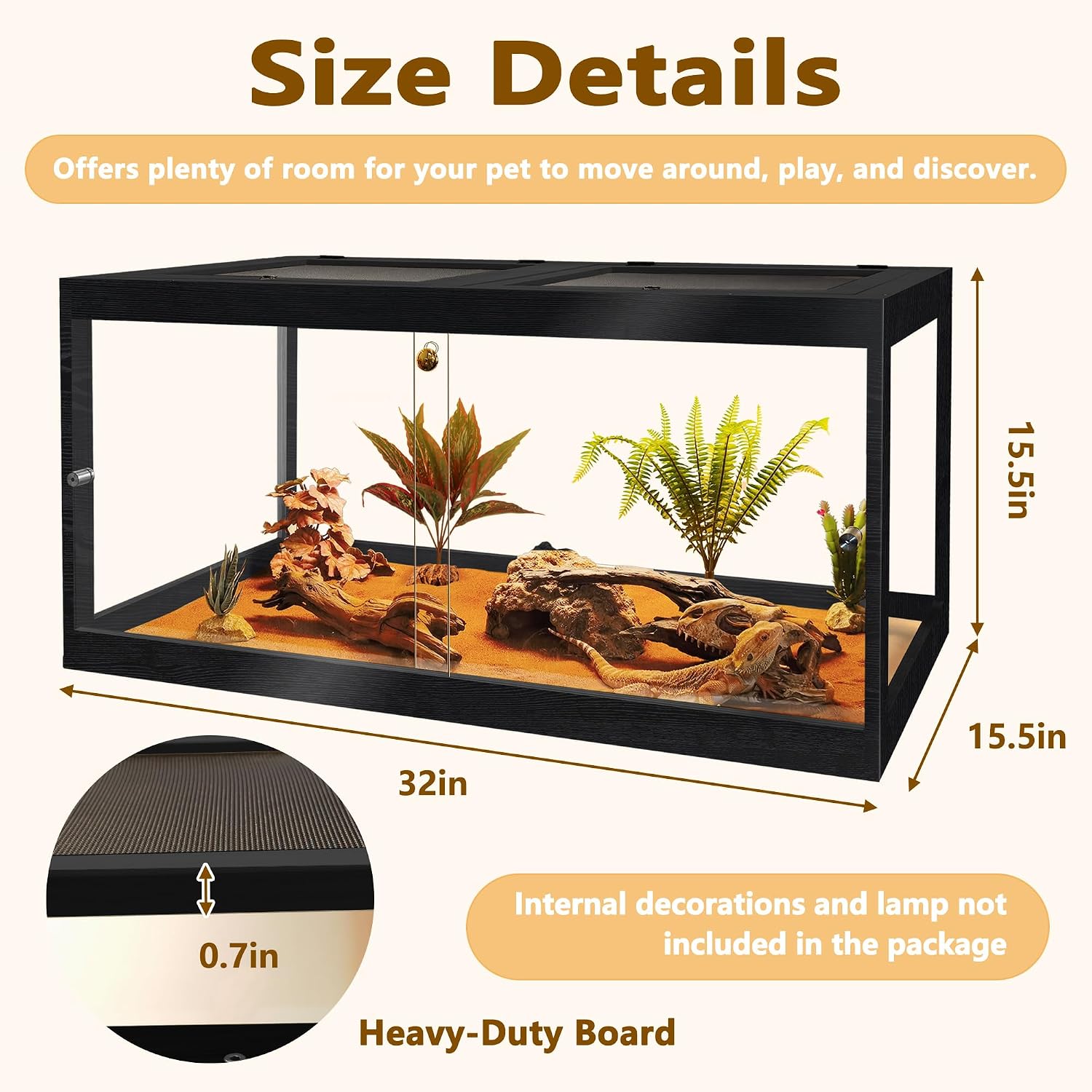 PROLEE Bearded Dragon Tank,34 Gallon Reptile Tank with Meatl Mesh Roof and Front Sliding Door,Lizard Tank,Spacious Reptile Enclosure for Snakes,Lguanas, Chameleons (Black)