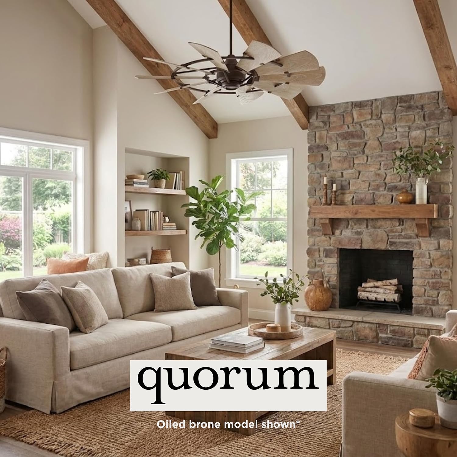 Quorum 95210-69 Windmill 52 Inch Ceiling Fan | 10 Blade Wagon Wheel Design | 6 Speed Reversible DC Motor | Remote Control Included | Dry Rated Indoor Fan | Weathered Oak Blades | Textured Black Finish