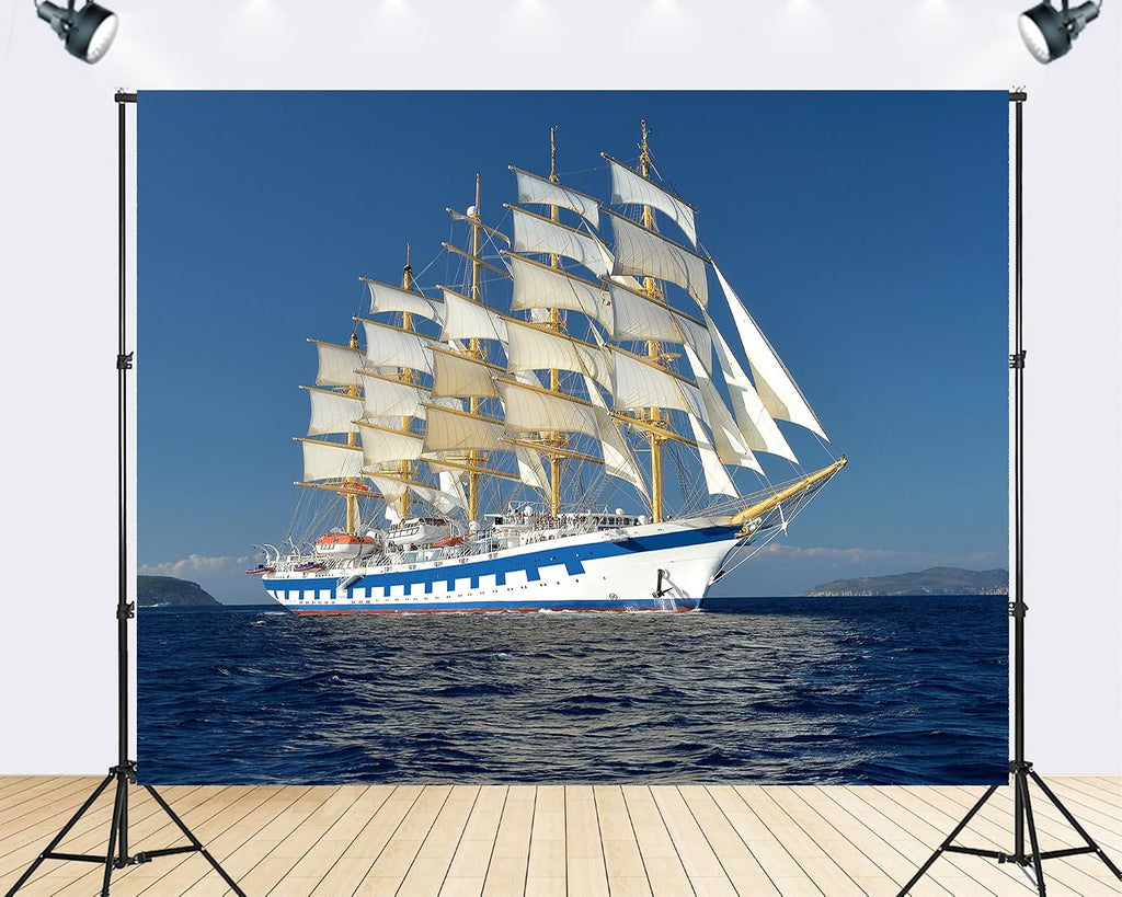 Trykid 20x10ft Tall Ship Sailing Backdrop White Sails Blue Ocean Clear Sky Nautical Photography Background Maritime Adventure Tapestry Party Decoration Photo Studio Prop Fabric