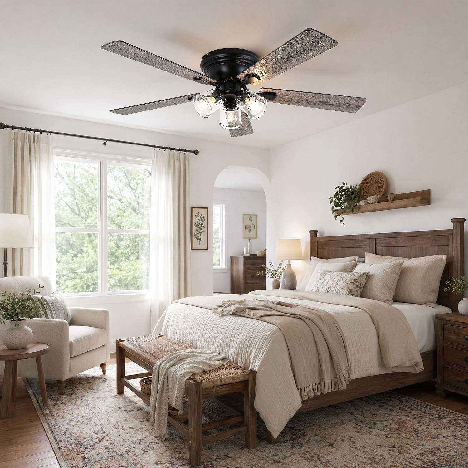 Dawn Whisper 52 Inch Flush Mount Farmhouse Ceiling Fans with Lights Vintage Ceiling Fan with 3 Bulb Lights Remote for Bedroom Living Room Kitchen