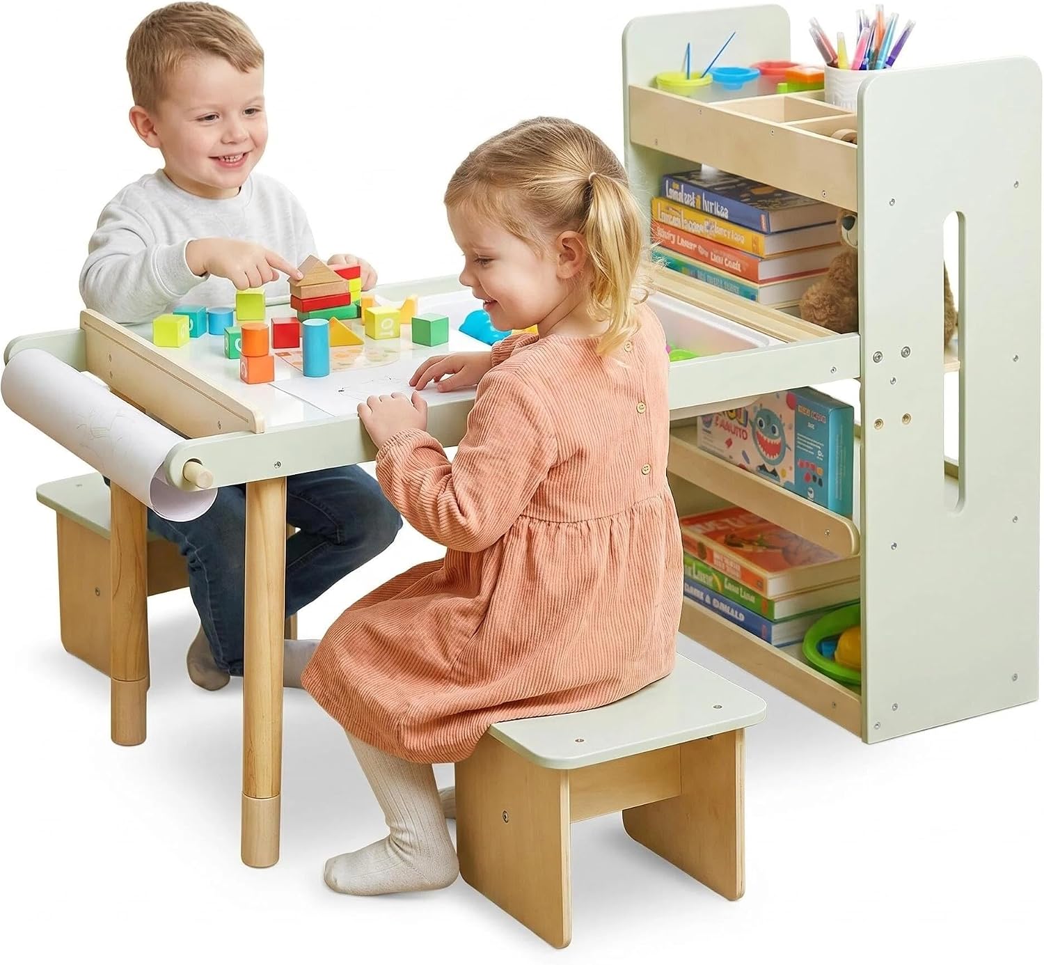 Kids Sensory Table and Chairs Set, Toddlers Activity Table with Large Storage Bins & Shelves, 6 in 1 Kids Art Desk with Blackboard Whiteboard for Playrooms Daycare,Sand & Water Table for Toddler Gifts