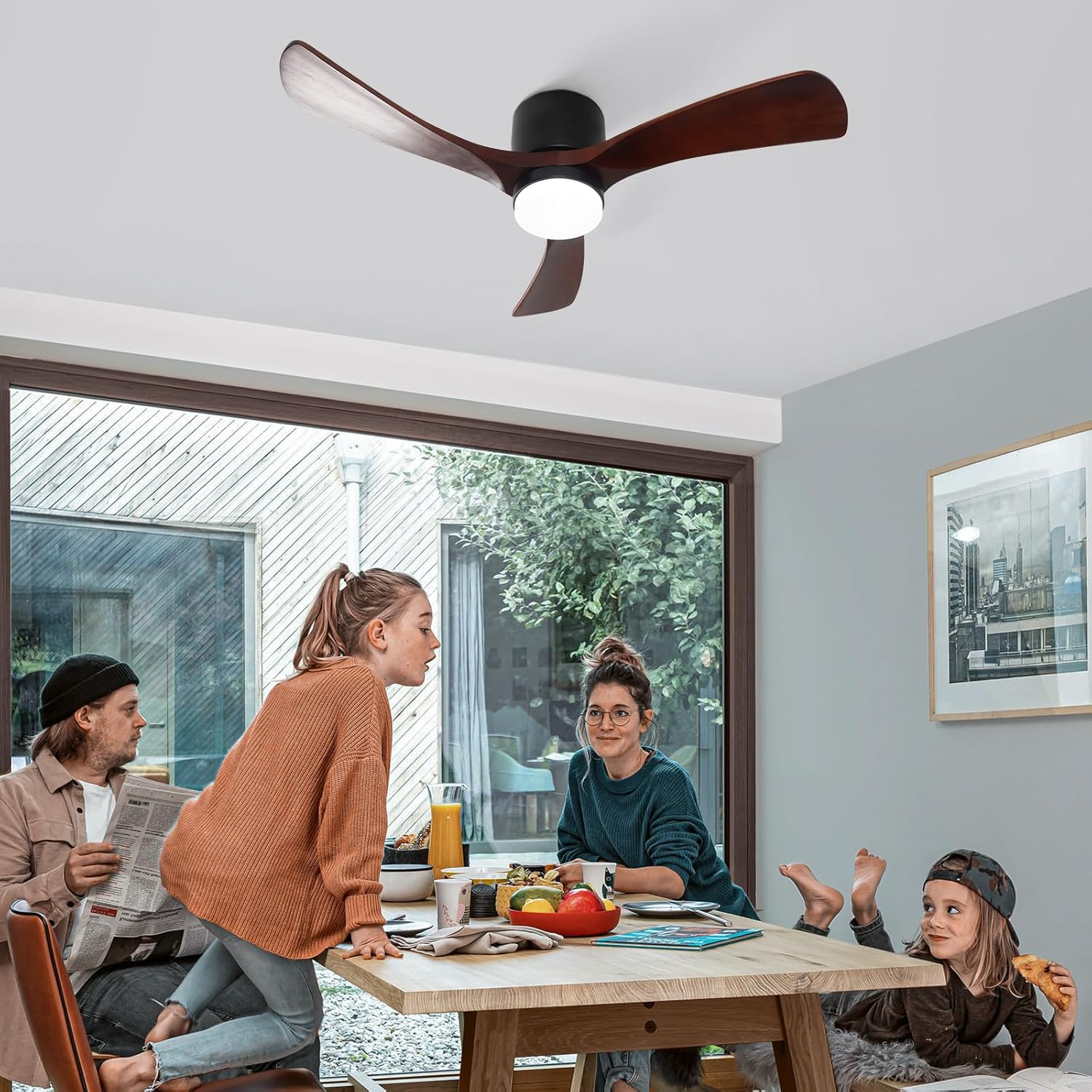 GESUM 42' Ceiling Fan with Lights Remote Control, Low Profile Ceiling Fan with 3 Walnut Wood Blades, Reversible,Dimmable, Flush Mount Ceiling Fans for Living Room Kitchen Bedroom(Black+Walnut)