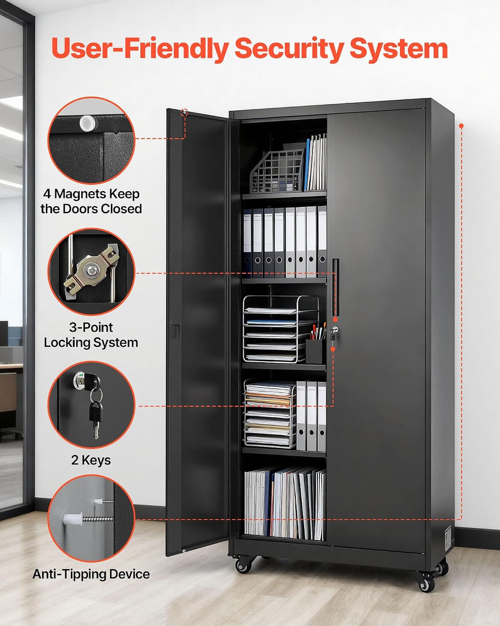 VEVOR Metal Storage Cabinet, 70.6 in Rolling Steel Garage Cabinet with Adjustable Shelves, 2 Magnetic Doors, Hanging Rod & 3 Rod Hooks, 5 Tiers Lockable Tool Storage for Pantry, Warehouse, Basement