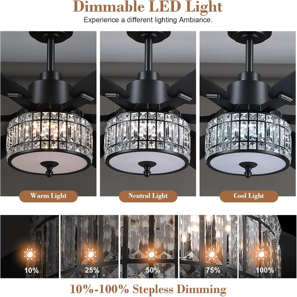 Kviflon 52 Inch Crystal Ceiling Fan with RGB Lights and Remote/APP Control, Black Fandelier Ceiling Fan with Light, Modern Chandelier Ceiling Fan for Bedroom Living Room, Quiet DC Motor, Dimmable LED