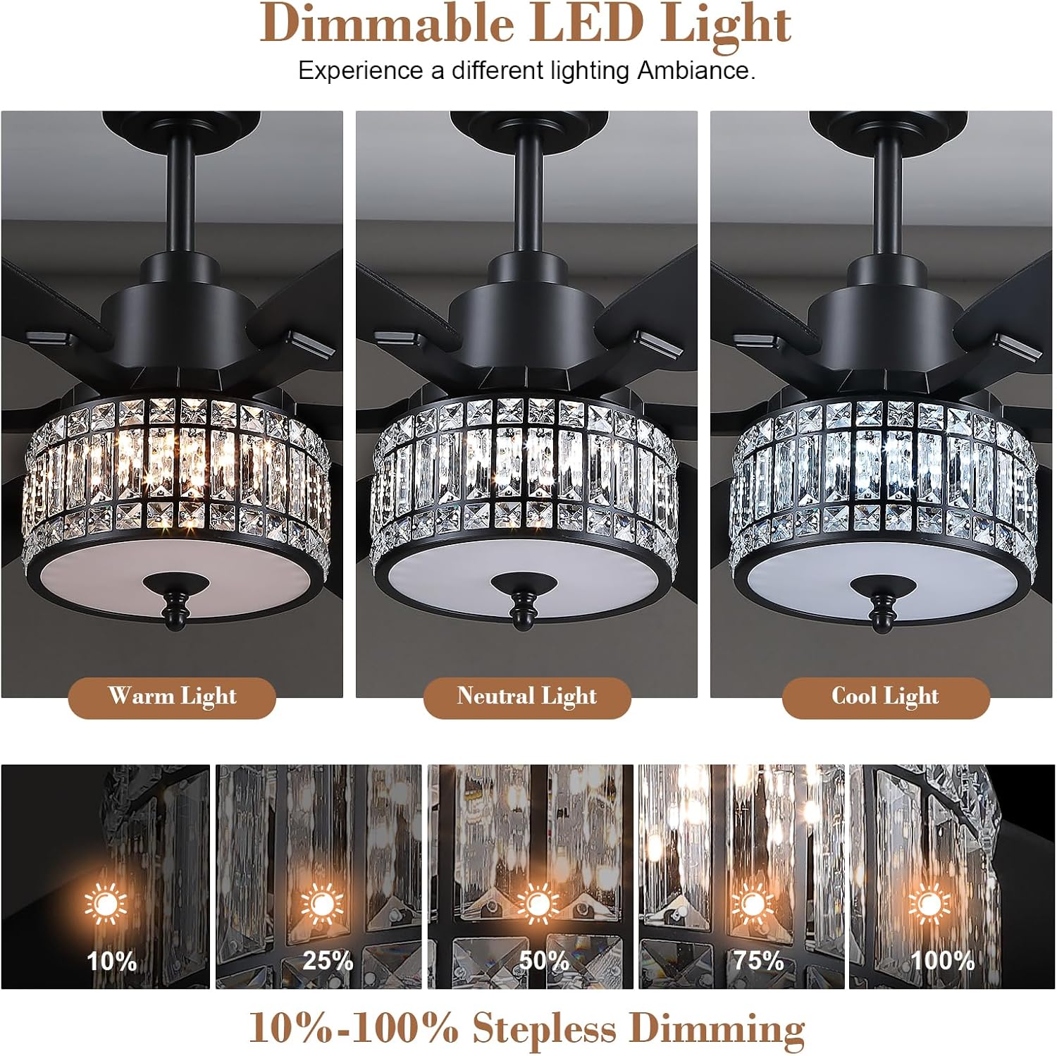 Kviflon 52 Inch Crystal Ceiling Fan with RGB Lights and Remote/APP Control, Black Fandelier Ceiling Fan with Light, Modern Chandelier Ceiling Fan for Bedroom Living Room, Quiet DC Motor, Dimmable LED
