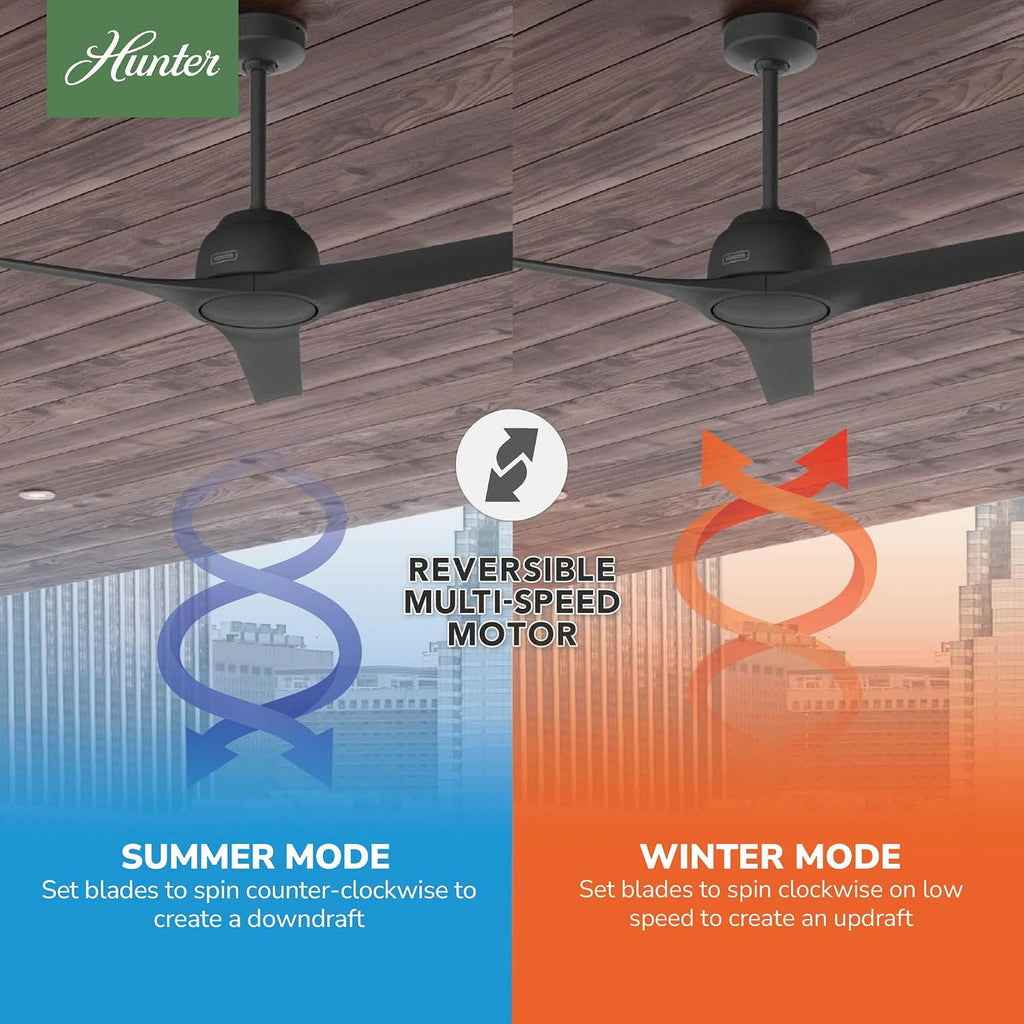 Hunter 52 inch Outdoor or Indoor Ceiling Fan No Light - Black Ceiling Fan without Light, For Patio, Porch, Garage, or Living Room, Standard Mount, 3 Blades, Wall Control - Gallegos 51583, Matte Black