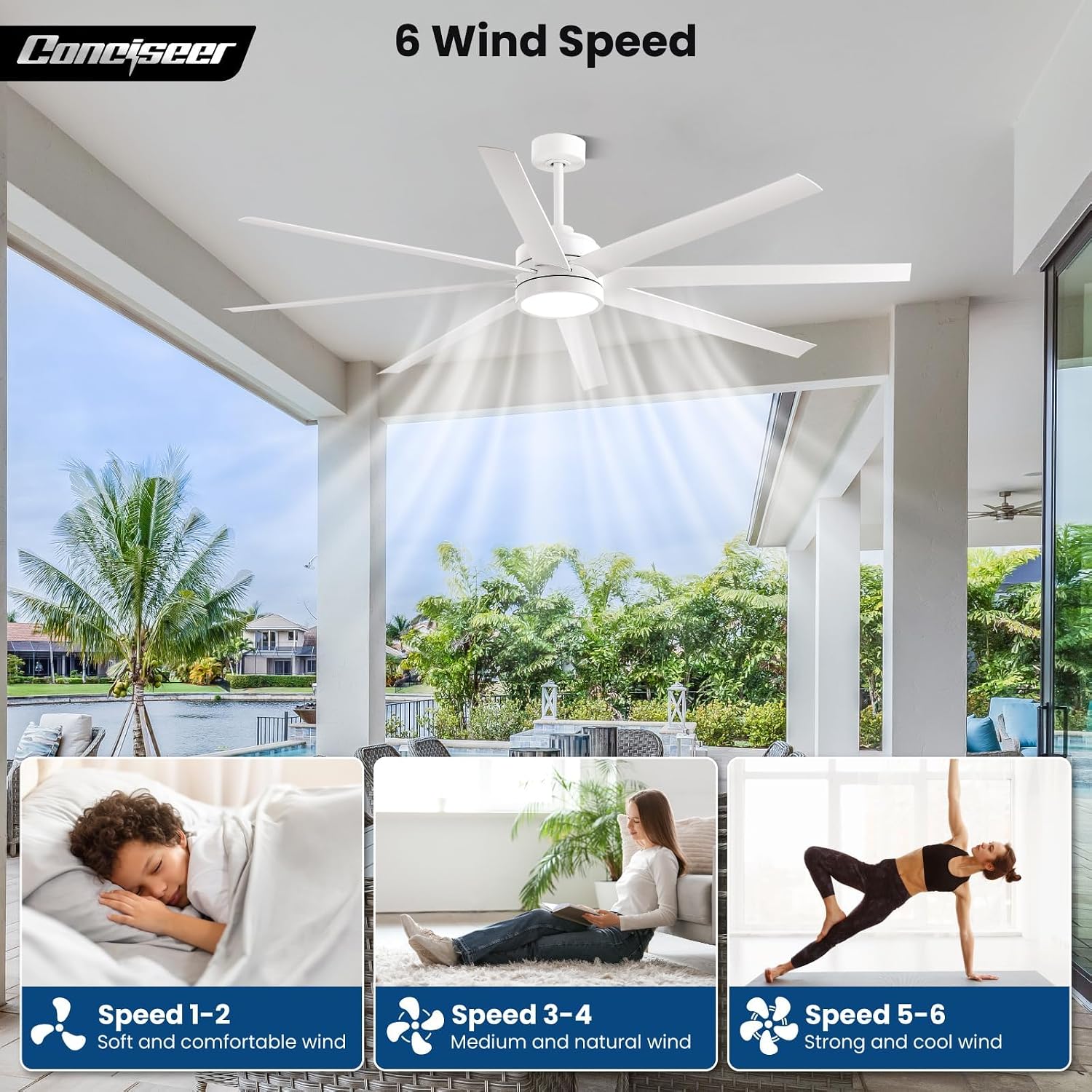 Modern Ceiling Fans with Lights, 72 Inch Ceiling Fan with Remote for Bedroom Living Room Kitchen Library Cafe Outdoor/Industrial Use,24W 3CCT 8 Blades 6 Speed Reversible Quiet DC Motor, White