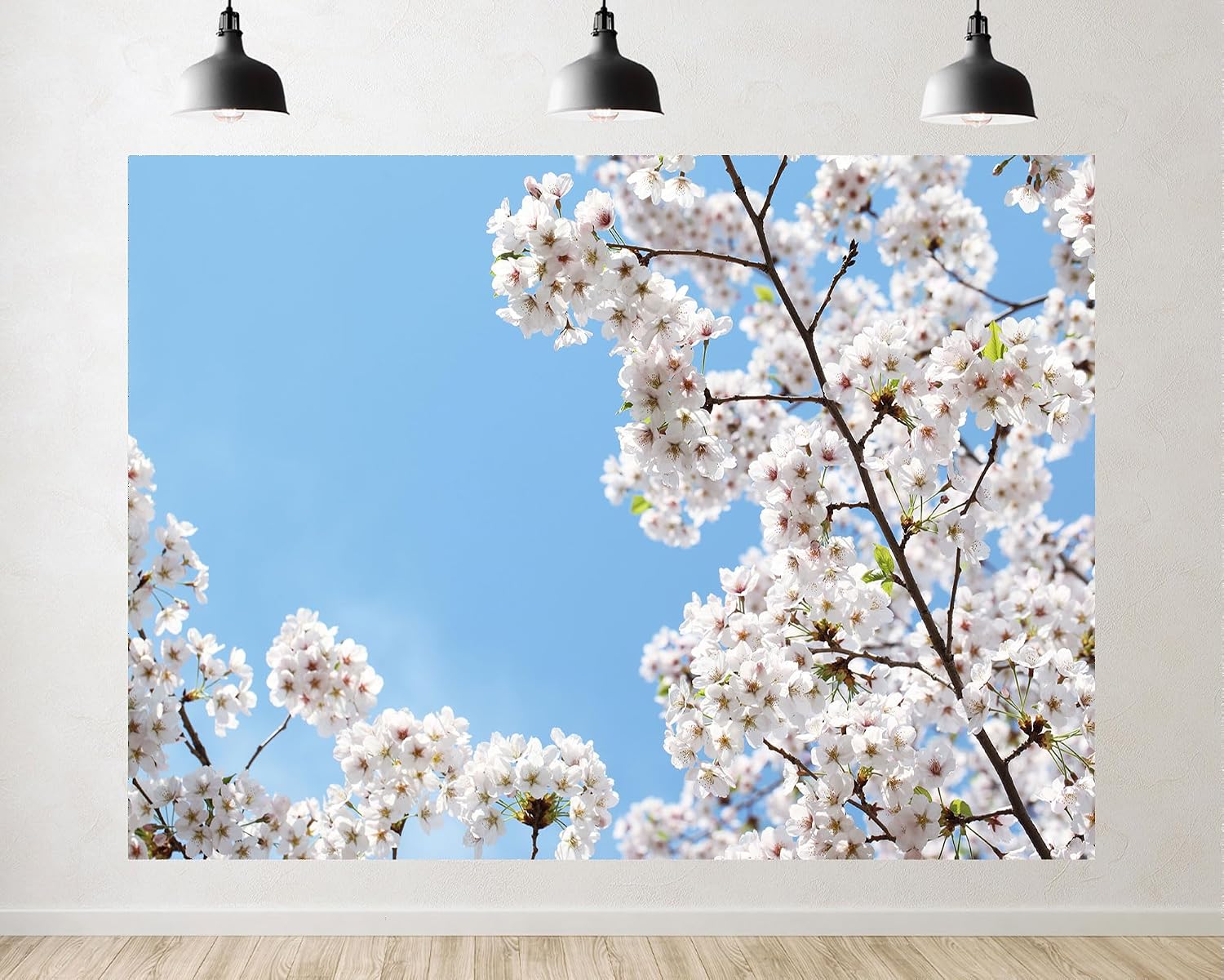 Trykid 20x10ft White Cherry Blossoms Backdrop Clear Blue Sky Spring Bloom Photography Background Romantic Wedding Event Tapestry Party Decoration Photo Studio Prop Fabric