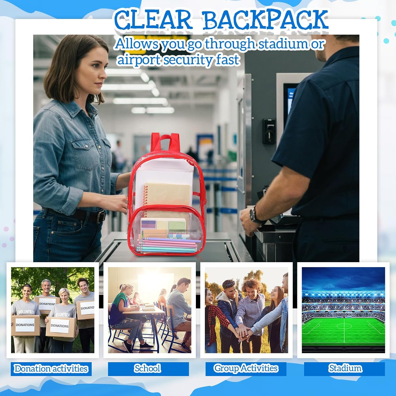 Aliceset 30 Pcs Clear Backpack Bulk Waterproof Transparent Colorful Bookbag Donation Supply Kits for Women Men (18 Inch)