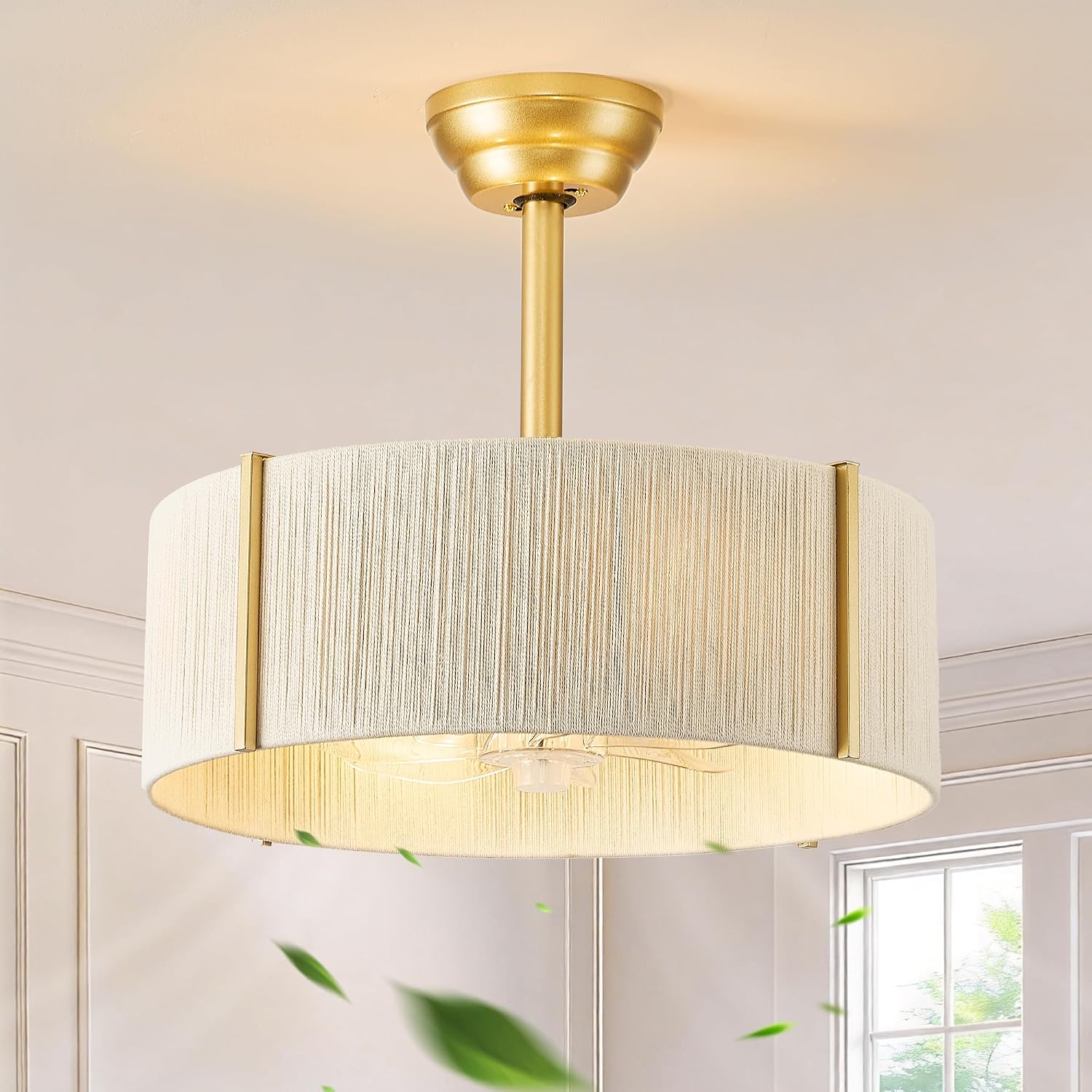 Boho Fandelier Ceiling Fan with Light, Rattan Caged Ceiling Fan with Light and Remote Control, Gold Chandelier Fan for Bedroom, Living Room,Kitchen,Foyer(20 Inch, 6 Speed, Timing,Adjustable Height)
