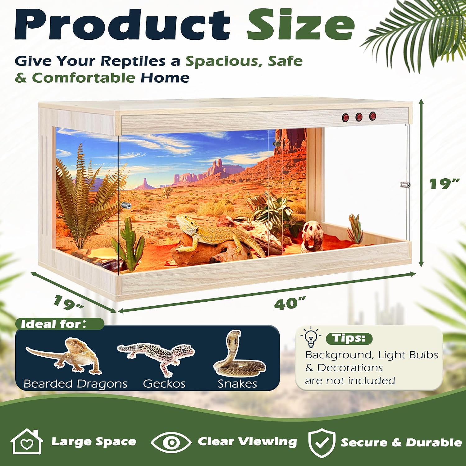 ROYXEN Reptile Enclosure,60 Gallons Reptile Tank with Wooden Top and Lockable Design,Tempered Glass Bearded Dragon Tank for Lizard Gecko Habitat (Oak,40' x 19' x19')