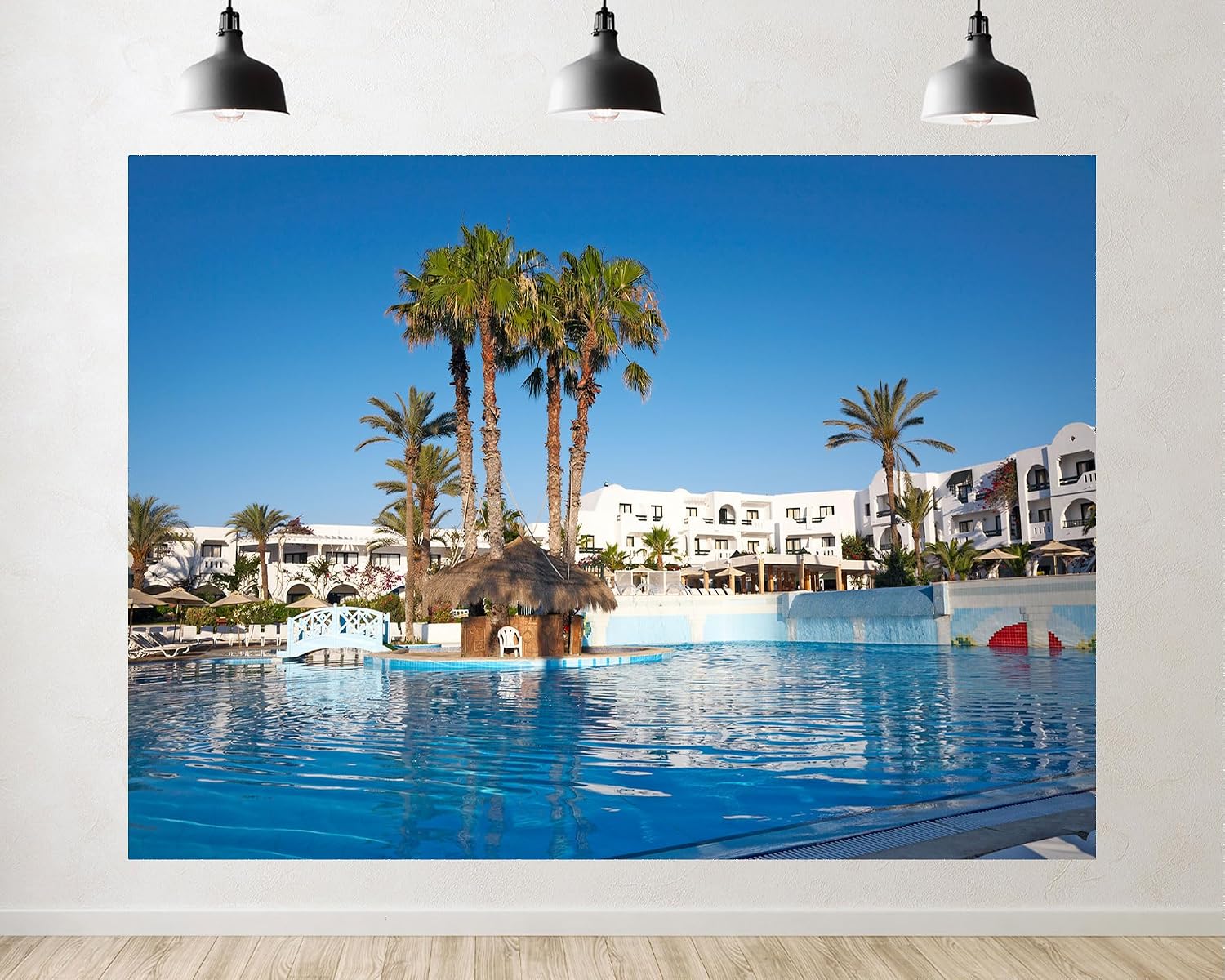 Trykid 20x10ft Tropical Resort Pool Backdrop Palm Trees White Buildings Clear Blue Sky Paradise Photography Background Summer Vacation Tapestry Party Decoration Photo Studio Prop Fabric