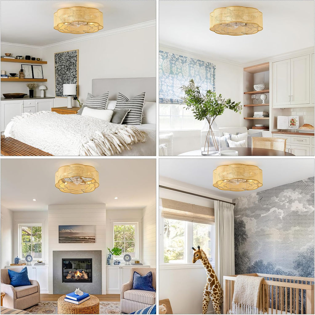 20' Low Profile Ceiling Fan with Light, Caged Flush Mount Ceiling Fan with Light Remote Control, Boho Bladeless with 6 Speeds for Bedroom, Nursery, Living Room.