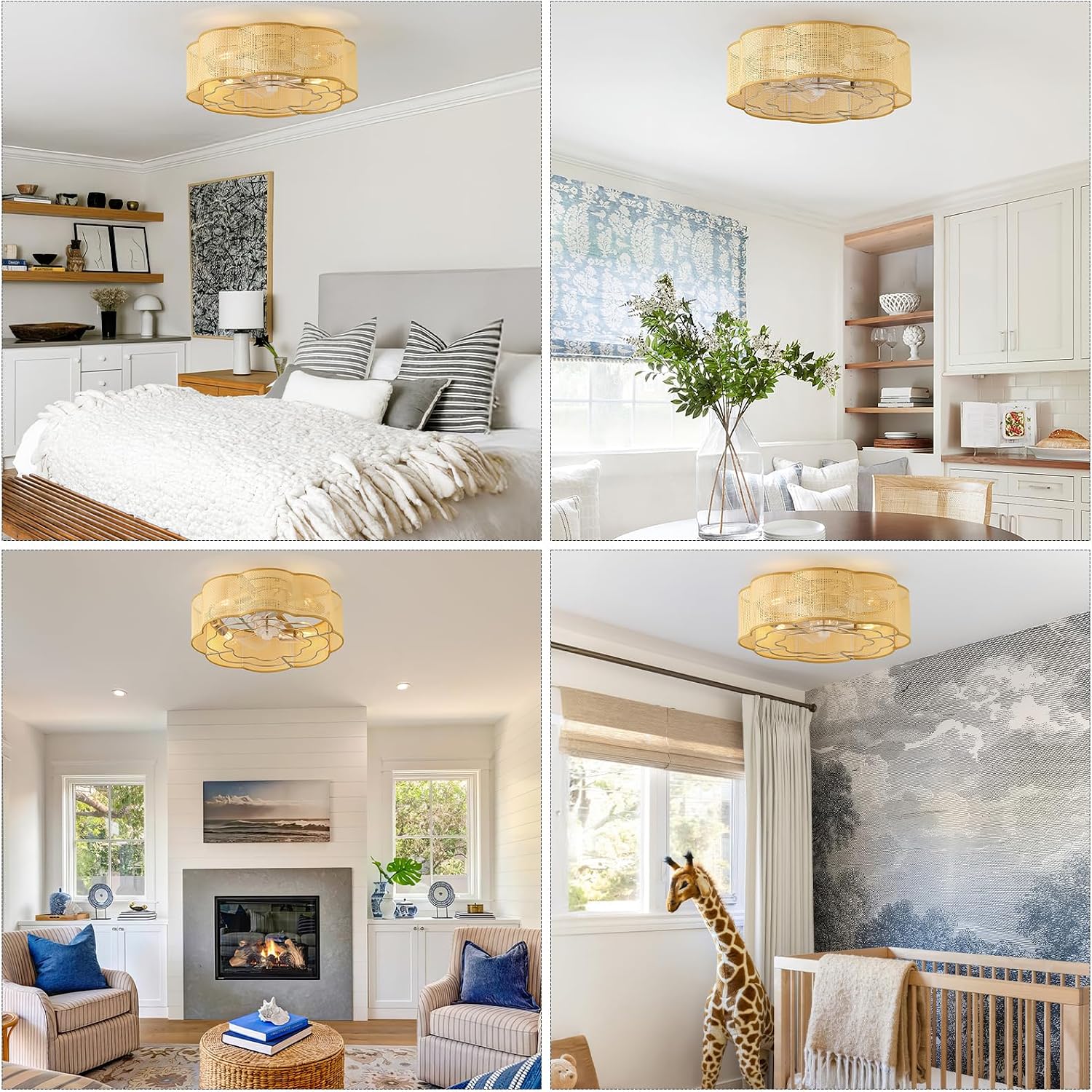 20' Low Profile Ceiling Fan with Light, Caged Flush Mount Ceiling Fan with Light Remote Control, Boho Bladeless with 6 Speeds for Bedroom, Nursery, Living Room.