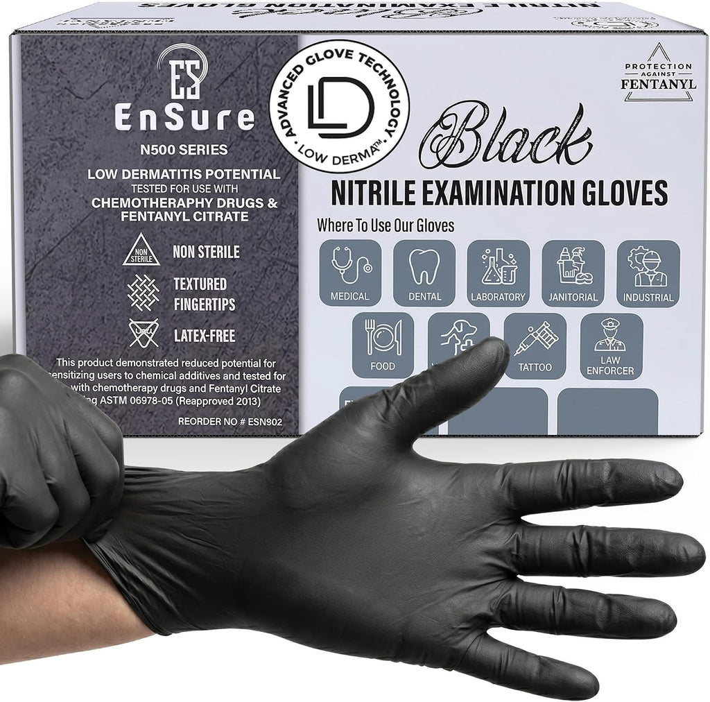 Ensure Black Nitrile Gloves – 5 Mil Heavy-Duty Disposable Gloves, Low Dermatitis, Powder & Latex Free, Chemo-Rated