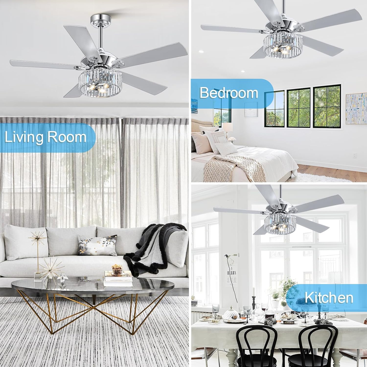 52' Ceiling Fan with Crystal Light Remote Control, 5 Reversible Blades, Quiet DC Motor, 6-Speed, Timer, Modern Crystal Caged Ceiling Fan Chandelier for Bedroom Living Room, Chrome