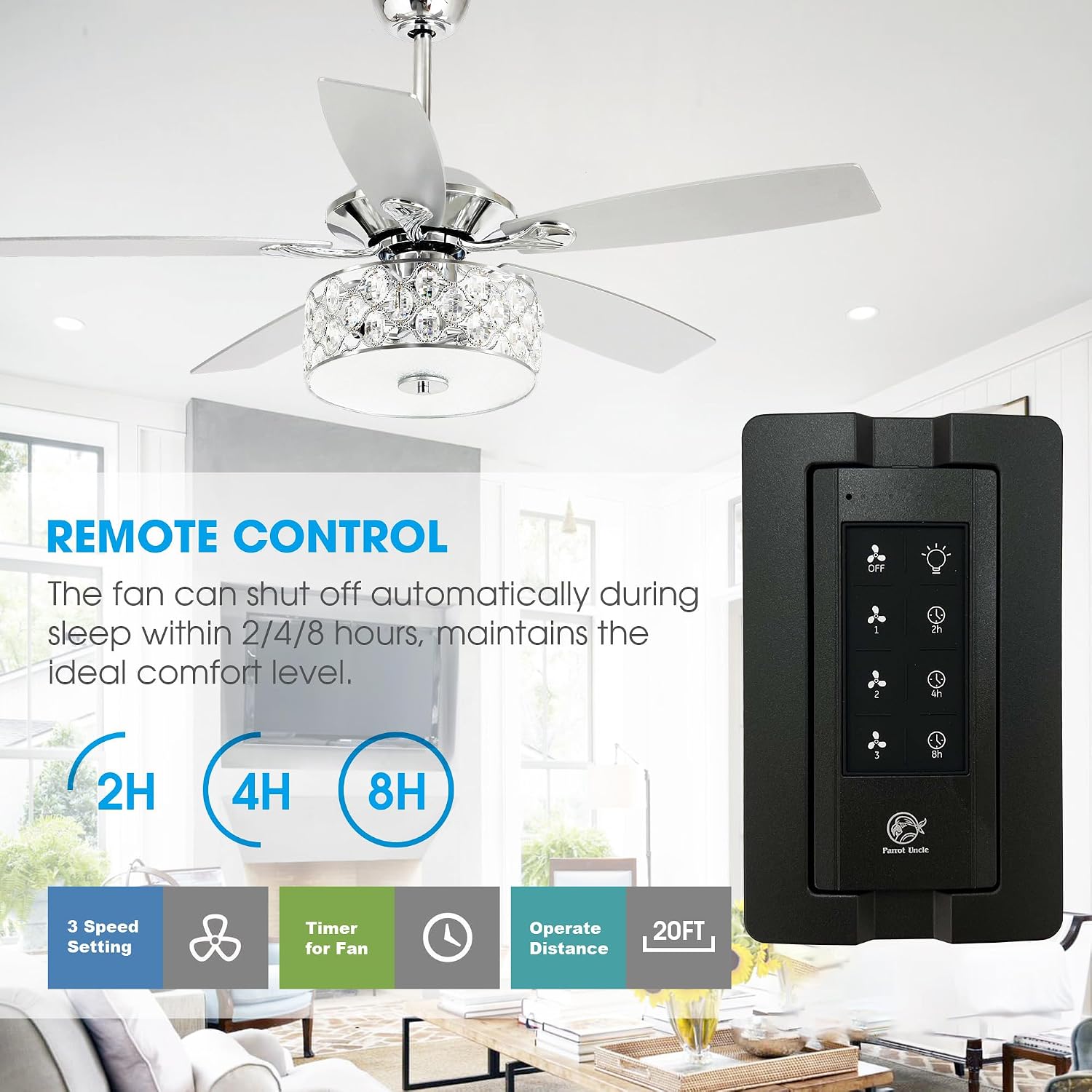 Parrot Uncle 52 Inch Ceiling Fans with Lights and Remote Control, Crystal Chandelier Fans for Bedroom Living Room, Reversible 5-Blade, 3 Speeds, Timer Function, Polished Chrome
