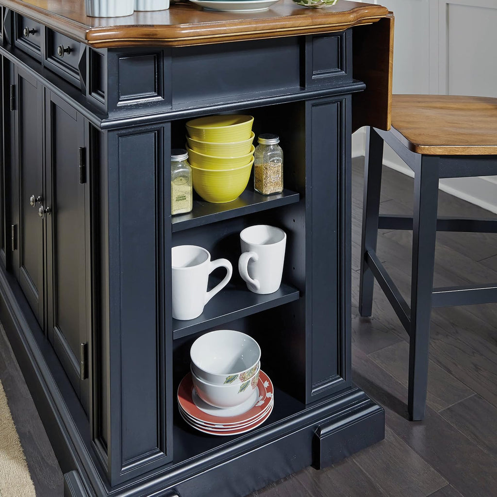 Home Styles Large Kitchen Island Set with Two Matching Stationary Slat back Stools with Antique Black finish and Distressed Oak Top, Extendable Breakfast Bar, Open Storage and Shelves and Drawers