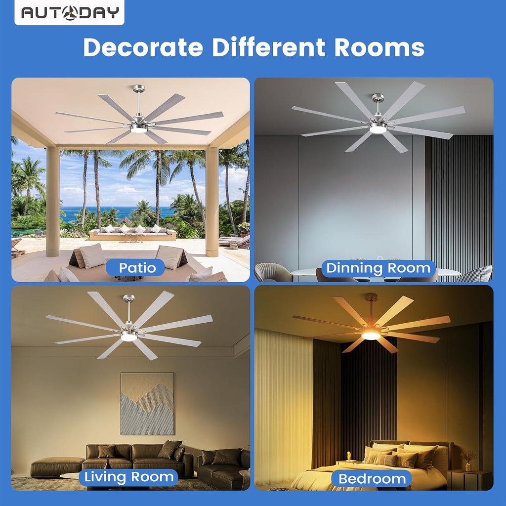 Large Ceiling Fans with Lights and Remote - 72 Inch Brushed Nickel Ceiling Fan with Light, Quiet DC Motor, 3 CCT, Modern Dimmable Lighting & Ceiling Fans for Living Room Patio,Indoor/Outdoor