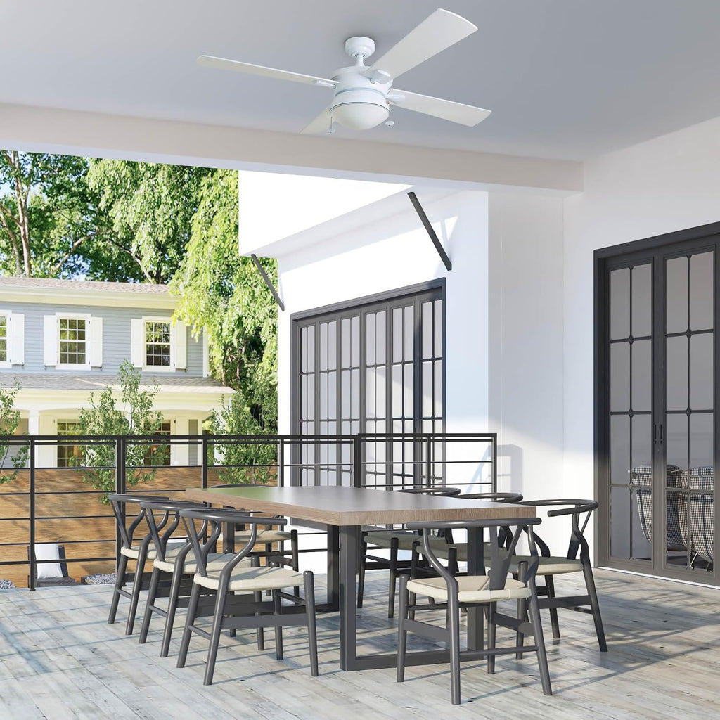 Prominence Home Auletta, 52 Inch Contemporary Indoor Outdoor Ceiling Fan with Light, Pull Chain, Dual Mounting Options, Dual Finish Blades, Reversible Motor - 50344-01 (White)