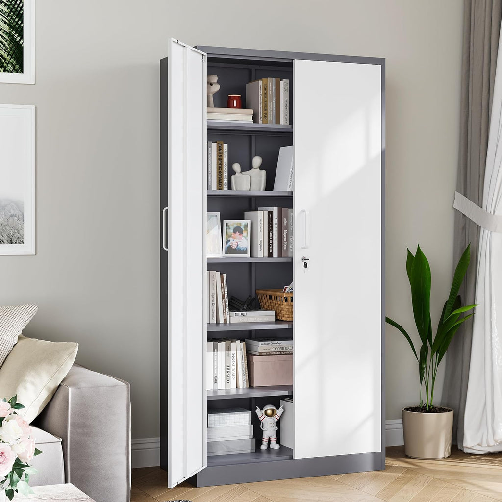 PEUKC Metal Garage Storage Cabinet, 71-inch Tall Cabinet with Adjustable Shelves & Locking Doors, Tool Cabinets for Garage,Office,Home,School,Gym (Grey White)
