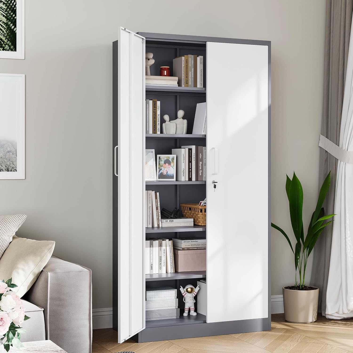 PEUKC Metal Garage Storage Cabinet, 71-inch Tall Cabinet with Adjustable Shelves & Locking Doors, Tool Cabinets for Garage,Office,Home,School,Gym (Grey White)