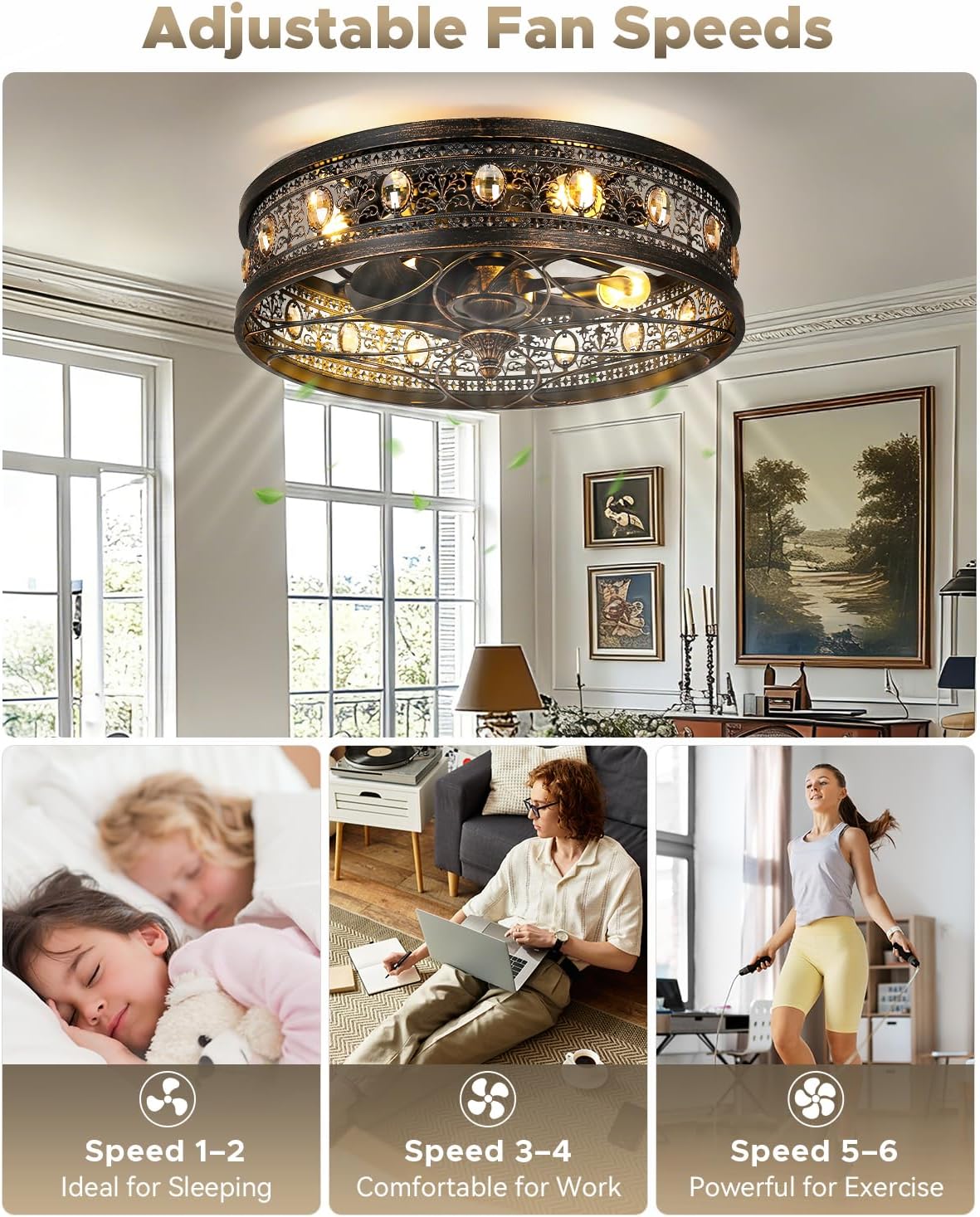 Fandelier Ceiling Fan with Light, Vintage Victorian Rustic Crystal Fandelier, Caged Enclosed Bladeless Chandelier Fan, Low Profile Flush Mount for Bedroom, Kitchen, Living Room, Dining Room