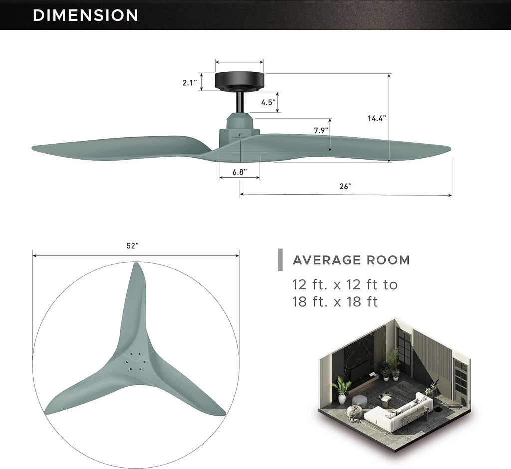 Ceiling Fans without Lights 52 Inch Ceiling Fan No Light for Bedroom Living Room, Flush Mount Outdoor Ceiling Fans for Patios, Remote Control, DC Motor Reversible 3 Blades, Noiseless, Blue-Green